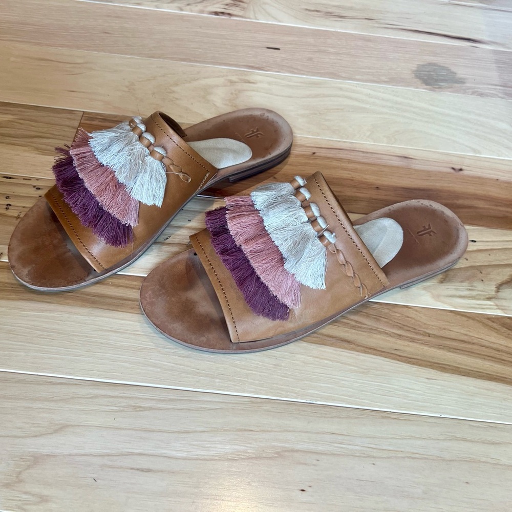 Frye Fringe Leather Slide Sandals - Brown and Purple
